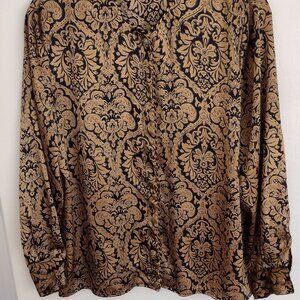 Sarah B Black & Gold Baroque Print Satin Blouse - Brand New